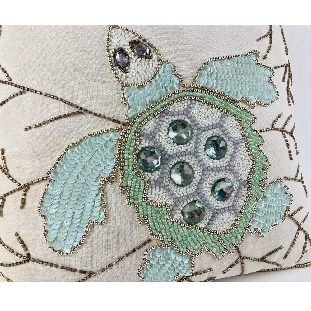 Pier 1 Beaded Sea Turtle Green Pillow with Zipper Mint Sage Beach Ocean Life Rid